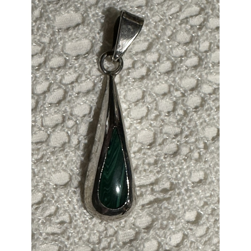 Vintage Taxco Mexico 925 Sterling Silver Malachite Teardrop Pendant TH-31 Green